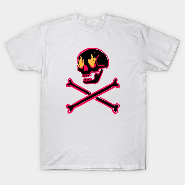 Black Skull Fire Eyes Skeleton Vaporwave with crossed Bones T-Shirt by Trippycollage